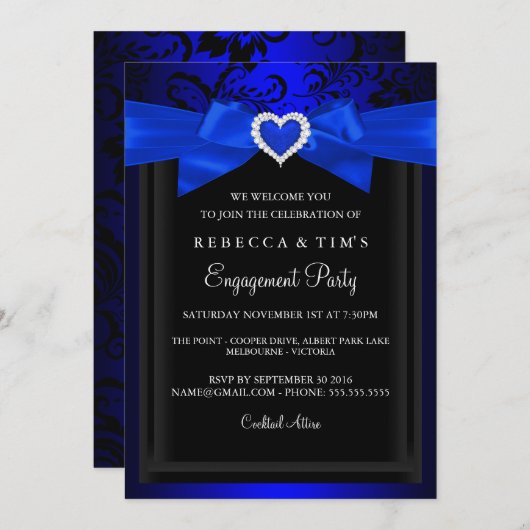 ブルーロマンチックハート婚約パーティ招待状 招待状 (正面/裏面)