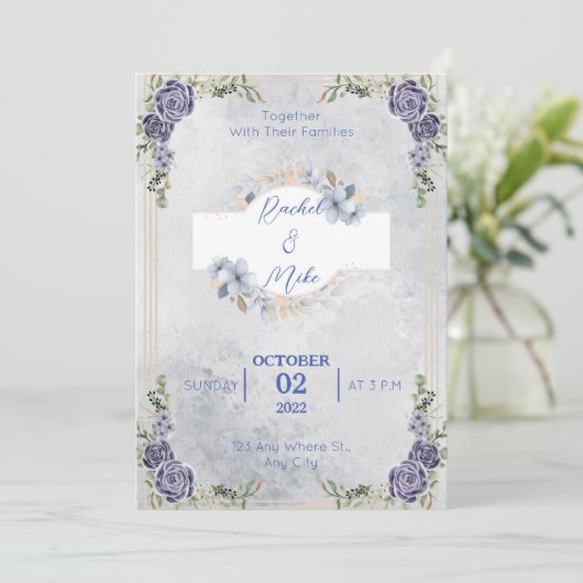 ブルーロマンチック花模様結婚式招待状 招待状 (スタンド正面)