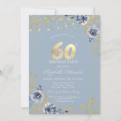 ブルーローズのストリングライト ダスティーブルー 60歳の誕生日 招待状 (正面)