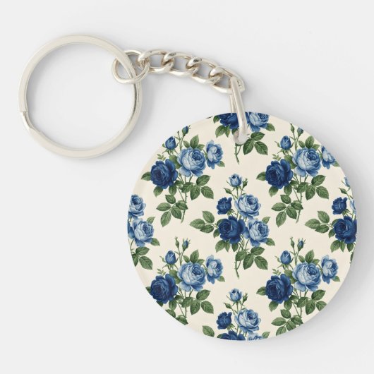 ブルーローズの花柄 キーホルダー (正面)