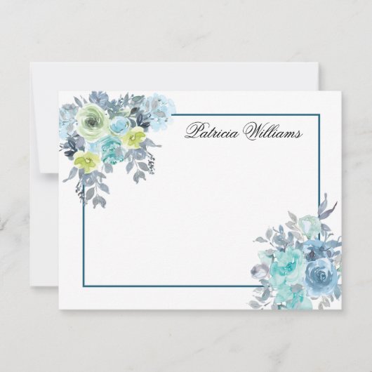 ブルーローズブーケ水彩花パーソナライズされた ノートカード (正面)