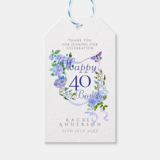 ブルーローズリボン 40歳の誕生日 ギフトタグ (正面)