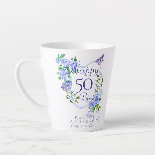 ブルーローズリボン 50歳の誕生日 カフェラテマグ (左)