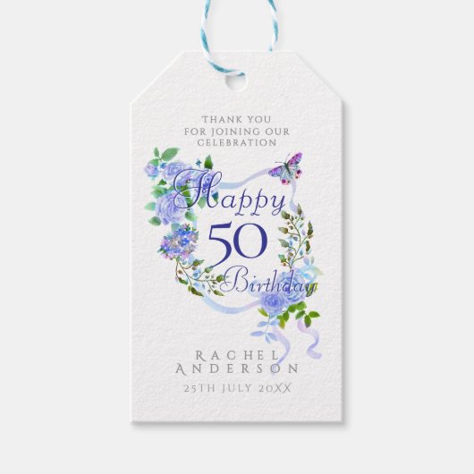 ブルーローズリボン 50歳の誕生日 ギフトタグ (正面)