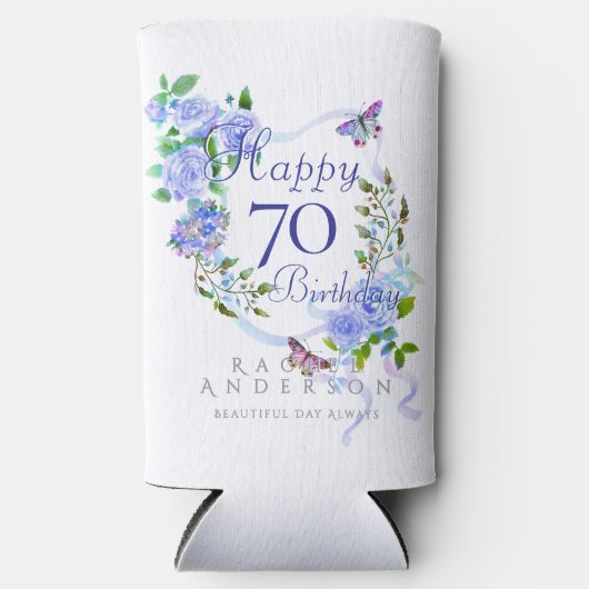 ブルーローズリボン 70歳の誕生日クーラー スリム缶クーラー (正面)