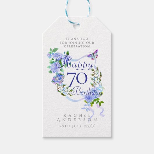 ブルーローズリボン 70歳の誕生日 ギフトタグ (正面)