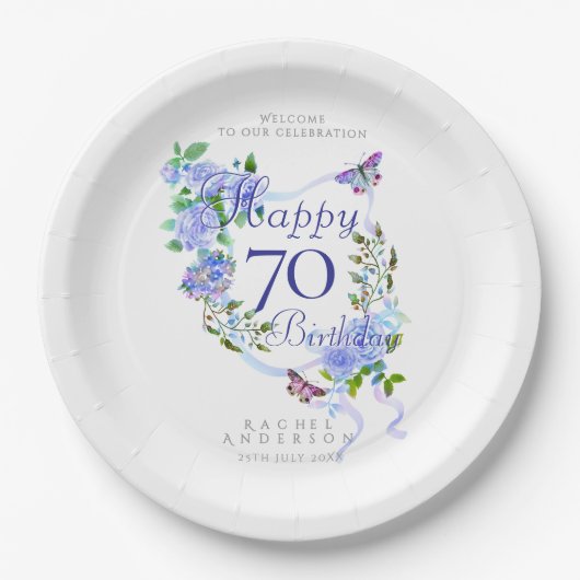 ブルーローズリボン 70歳の誕生日 ペーパープレート (正面)