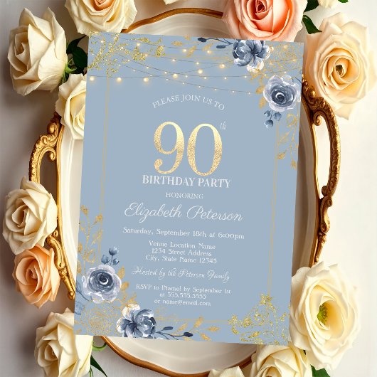ブルーローズ ストリングライト ダスティブルー 90歳の誕生日 招待状