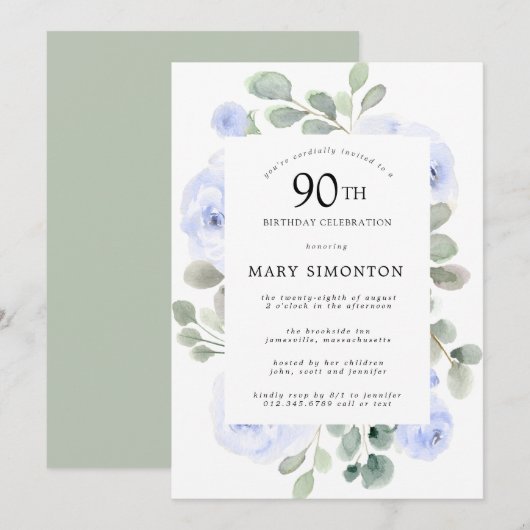ブルーローズ フローラル ユーカリ 90歳の誕生日パーティー 招待状 (正面/裏面)