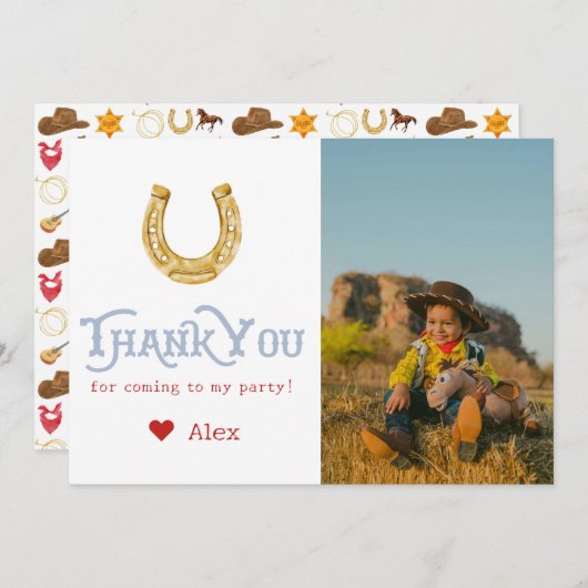 ブルーワイルドウエストファーストロデオ男の赤ちゃん1st誕生日 サンキューカード (正面/裏面)