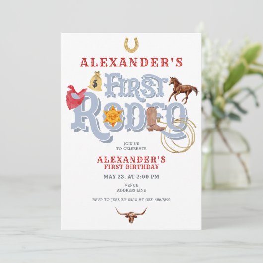 ブルーワイルドウエストファーストロデオ男の赤ちゃん1st誕生日 招待状 (スタンド正面)