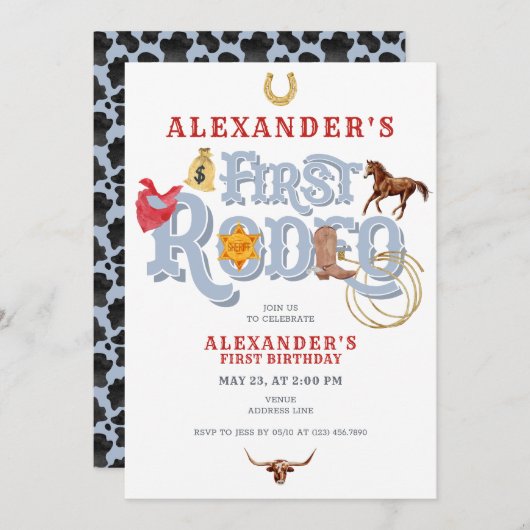 ブルーワイルドウエストファーストロデオ男の赤ちゃん1st誕生日 招待状 (正面/裏面)