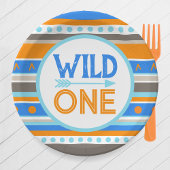 ブルーワイルドパターン(の模様が)あるワン1st誕生日紙プレート ペーパープレート