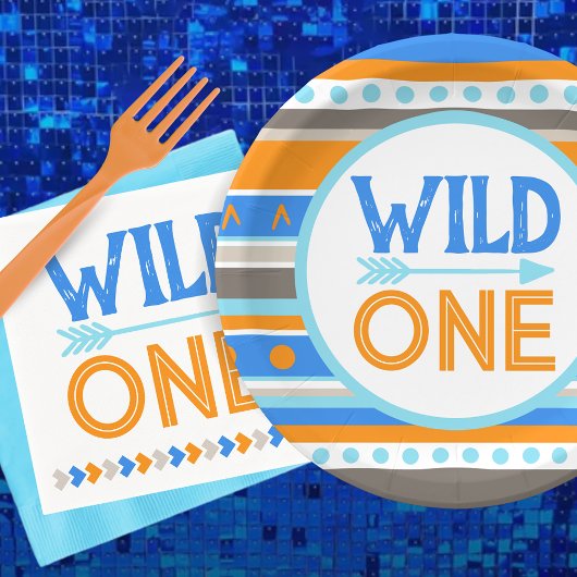 ブルーワイルドパターン(の模様が)あるワン1st誕生日紙プレート ペーパープレート