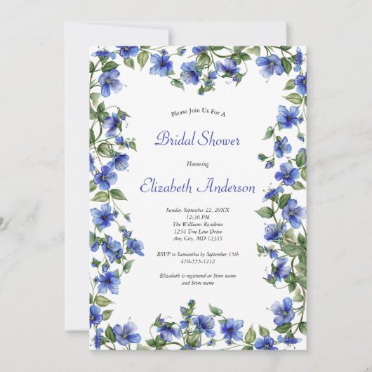 ブルーワイルドフラワーウォータカラーエレガントブライダルシャワー 招待状 (正面)