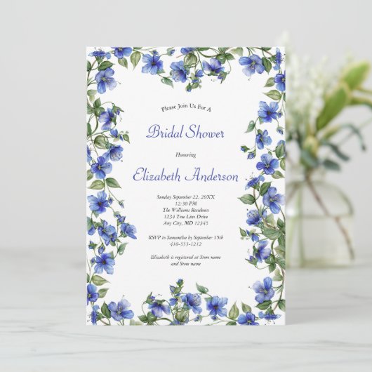 ブルーワイルドフラワーウォータカラーエレガントブライダルシャワー 招待状 (スタンド正面)