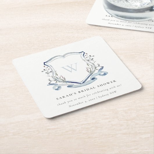 ブルーワイルドフラワーウォーターカラークレストブライダルシャワー昼寝 スクエアペーパーコースター (アングル)