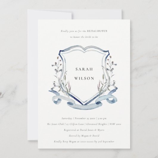 ブルーワイルドフラワーウォーターカラークレストブライダルシャワー 招待状 (正面)