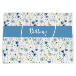 ブルーワイルドフラワーウォーターカラーモノグラム名 ラージペーパーバッグ