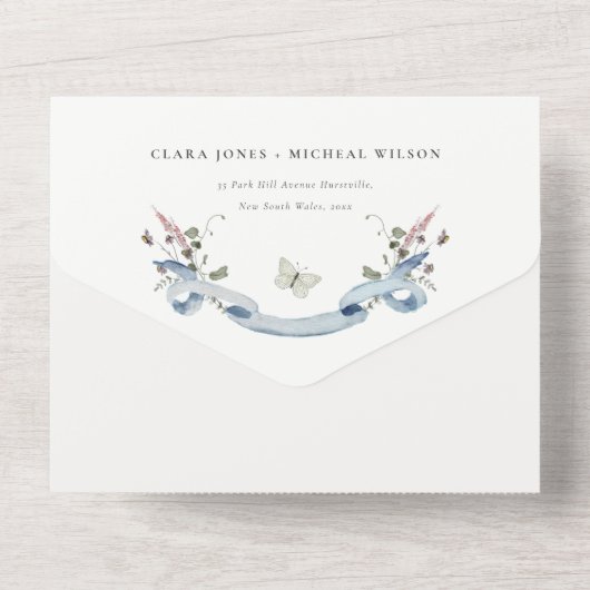 ブルーワイルドフラワーウォーターカラーモノグラム結婚クレスト オールインワン招待状 (裏面)