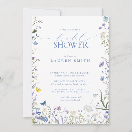 ブルーワイルドフラワーエレガントフローラブライダルシャワー 招待状 (正面)