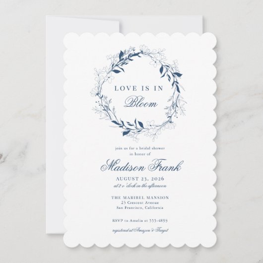ブルーワイルドフラワーエレガントリースプレイドブライダルシャワー 招待状 (正面)