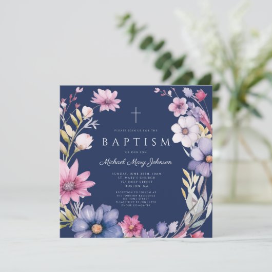 ブルーワイルドフラワーエレガントリースボーイバプテスマ 招待状 (スタンド正面)