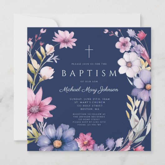 ブルーワイルドフラワーエレガントリースボーイバプテスマ 招待状 (正面)