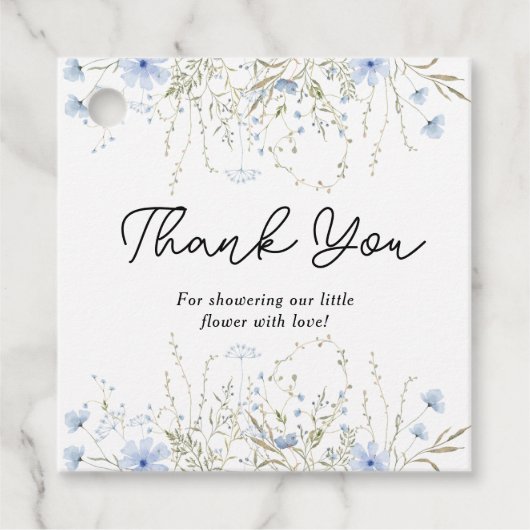 ブルーワイルドフラワーエレガント小さな女の子ベビーシャワー フェイバータグ (正面)