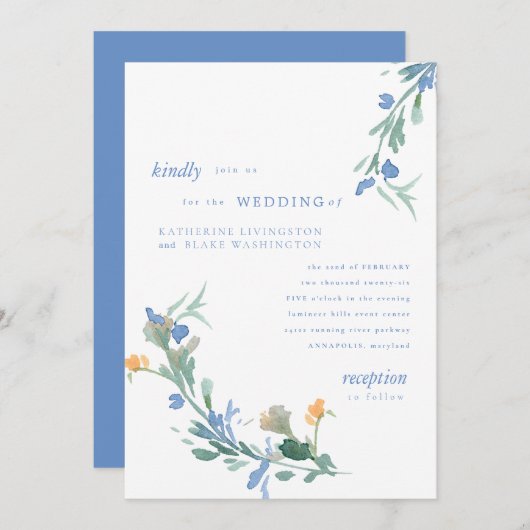 ブルーワイルドフラワーカラフル結婚ズ 招待状 (正面/裏面)