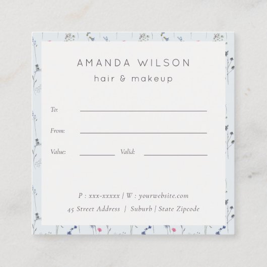 ブルーワイルドフラワークレストモノグラムギフト証明書 スクエア名刺 (裏面)