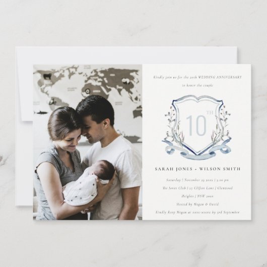 ブルーワイルドフラワークレスト結婚写真記念日 招待状 (正面)