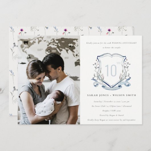 ブルーワイルドフラワークレスト結婚写真記念日 招待状 (正面/裏面)