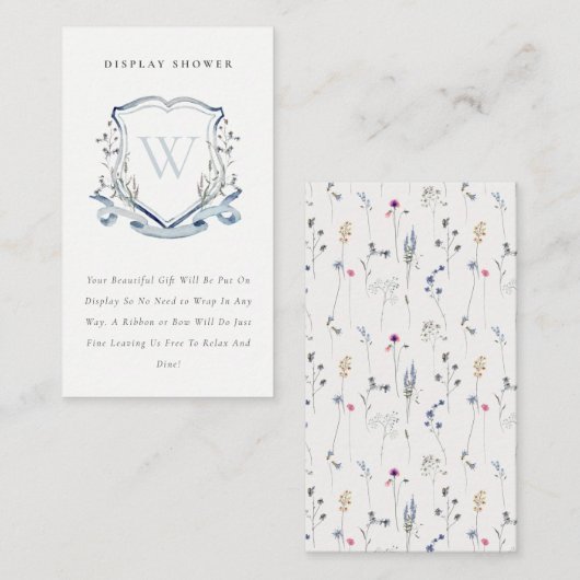 ブルーワイルドフラワークレスト表示シャワーベビーシャワー エンクロージャーカード (正面/裏面)