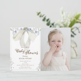 ブルーワイルドフラワーコケット弓写真ベビーシャワー 招待状