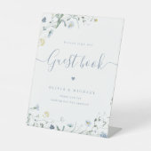 ブルーワイルドフラワースクリプト結婚ラスティックのゲストブック 台座サイン (正面)