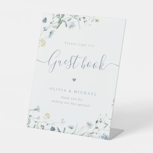ブルーワイルドフラワースクリプト結婚ラスティックのゲストブック 台座サイン (正面)