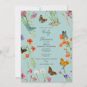 ブルーワイルドフラワーズバタフライベビーシャワー 招待状 (正面)