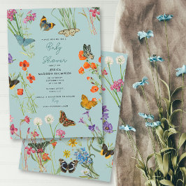 ブルーワイルドフラワーズバタフライベビーシャワー 招待状