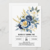 ブルーワイルドフラワーズフローラ誕生日 招待状 (正面/裏面)