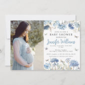 ブルーワイルドフラワーバターフィー男の赤ちゃんシャワーフォト 招待状 (正面)