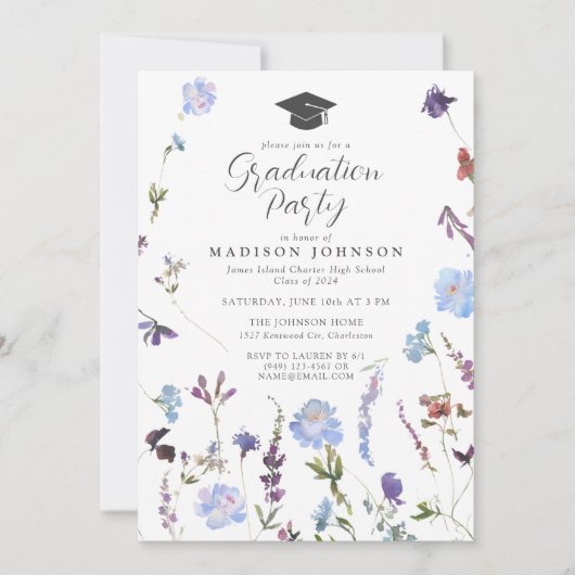 ブルーワイルドフラワーフォトハイスクール卒業パーティー 招待状 (正面)