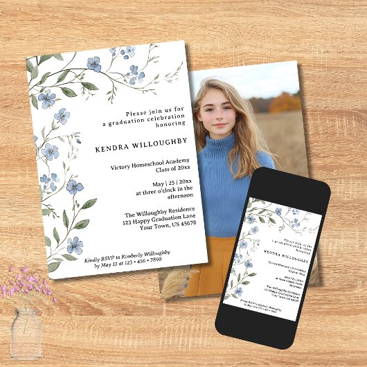 ブルーワイルドフラワーフォトホームスクール卒業 招待状