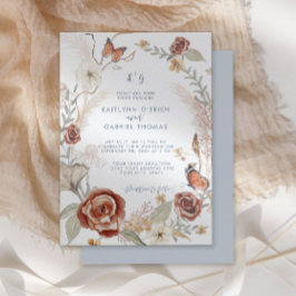 ブルーワイルドフラワーフローラリースバタフライグリーン 招待状