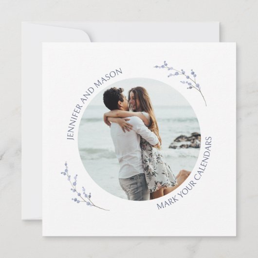 ブルーワイルドフラワーフローラ日付写真を保存 招待状 (裏面)