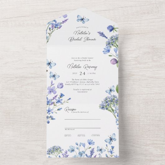 ブルーワイルドフラワーブライダルシャワーアンドティア遠くにレシピ オールインワン招待状 (内側)