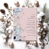 ブルーワイルドフラワーボホ冬のベビーガールシャワー 招待状