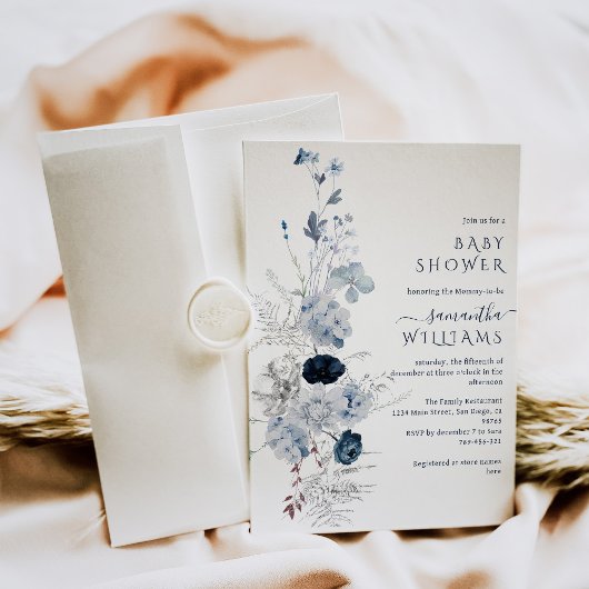 ブルーワイルドフラワーボホ冬の赤ちゃんシャワー 招待状