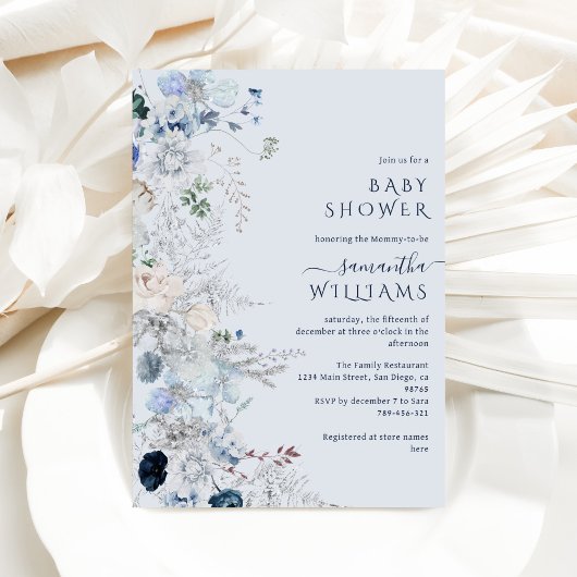 ブルーワイルドフラワーボホ冬の赤ちゃんシャワー 招待状
