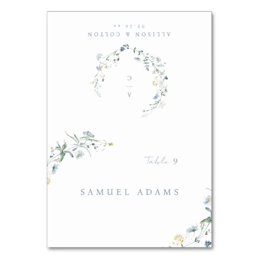 ブルーワイルドフラワーボホ素朴折り畳み可能座席表 テーブルナンバー (正面)